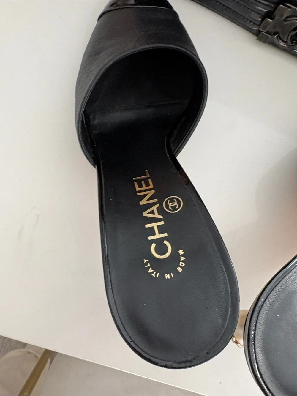 CHANEL Black Leather Pointed Toe Slide Mules with Patent Cap - Picture 3 of 6